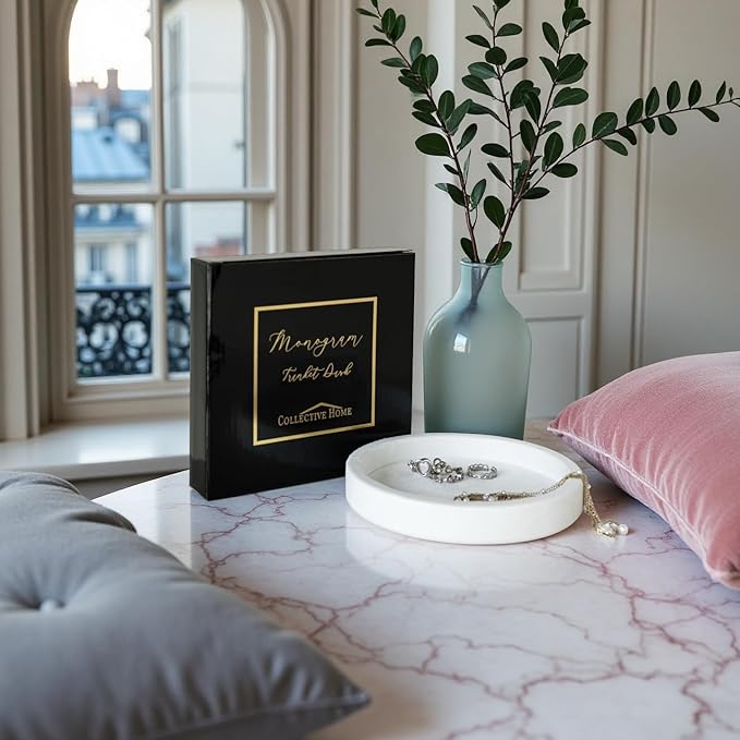 COLLECTIVE HOME - Velvet Jewelry Tray, 6" Monogrammed Jewelry Dish, Smooth Velour Display Dish for Rings, Earrings, Necklaces, Makeup, Personalized Gifts for Women (White-g)