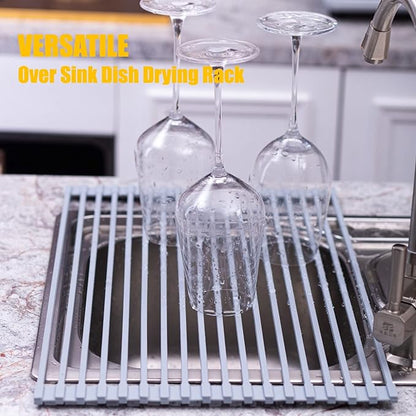 Silicone-Coated Stainless Steel Over The Sink Multipurpose Roll-Up Dish Drying Rack, 17.2"X12.2", Heat Resistant Non Slip Dish Draining Rack BPA Free Dishwasher Safe (S, Gray)