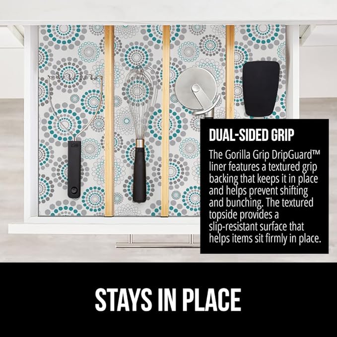 GORILLA GRIP DripGuard Shelf Liner, Non Adhesive Drawer and Kitchen Cabinet Protector, 24x240 Inch, Slip Resistant BPA Free Smooth Surface Plastic Liners for Cabinets, Bathrooms, Closets, Spiral