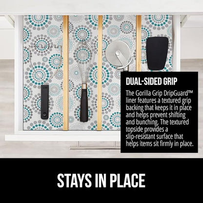GORILLA GRIP DripGuard Shelf Liner, Non Adhesive Drawer and Kitchen Cabinet Protector, 24x240 Inch, Slip Resistant BPA Free Smooth Surface Plastic Liners for Cabinets, Bathrooms, Closets, Spiral