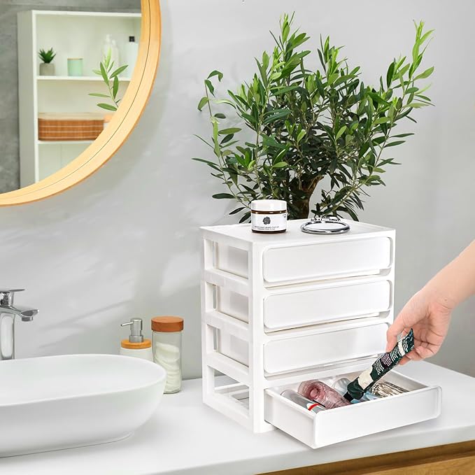 Desk Organizer with 4 Drawers, Plastic Desktop Storage Unit, Small Storage Bin Container for Countertop, Makeup, Stationery, Art Crafts, Home Office Bathroom, White