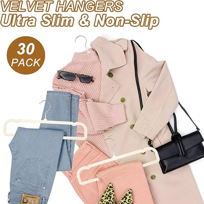 Velvet Pants Hangers Non Slip, 30 Pack Velvet Hangers for Closet with Porous Hooks, Strong Durable Space Saving Slim Clothes Hanger, Ultra Thin Flocked Hanger for Pants/Shirts/Bra/Shorts (Cream)