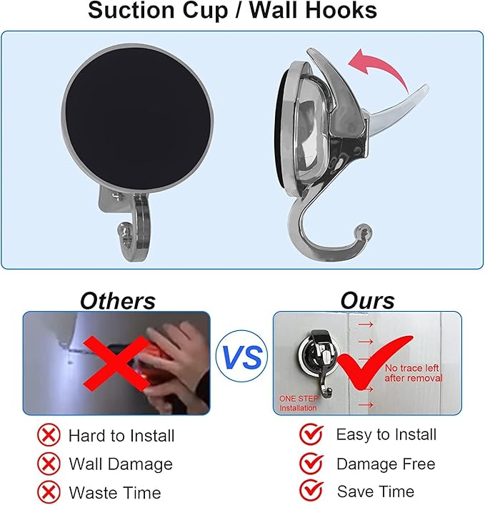 YSSILADI Heavy Duty Vacuum Suction Shower Hooks - Glass Suction Cup Hooks, Bathroom Robe Hooks, Reusable, No Hole Punched, for Garland Decoration (Silver Grey, 4 Pack)