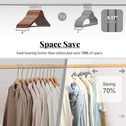 UEAKPIC Velvet Hangers 50 Pack, S-Shaped and Stackable Non Slip with 360°Swivel Hook, Ultra Thin and Space Saving Flocked, for Suits, Shirts, Coats, 15Lbs Capacity Heavy Duty, Grey