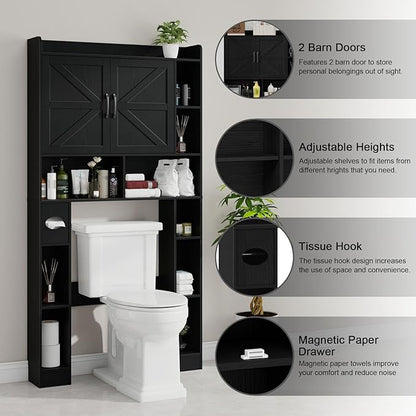 Vabches Over The Toilet Cabinet, Double Doors Bathroom Shelf Organizer with Toilet Paper Holder Stand and Open Storage Shelf, Small Freestanding Space Saver for Restroom, Bathroom, Laundry, Black