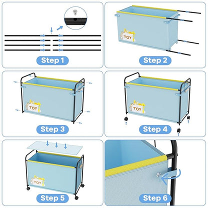 Extra Large Toy Box, 180L Toy Storage Organizer with Wheels, Metal & Oxford Cloth Toy Chest With Handle, Toy Box for Living Room Area, Nursery, Bedroom, Playroom, Toy Boxes for Boys, Girls, Kids