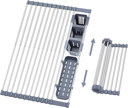 Hobychild Extra Large Expandable Roll Up Dish Drying Rack, 22.8 x 17.3 in with Expandable Storage Basket Over The Sink Rolling Dish Drainer, Foldable Sink Dish Drainer for Kitchen Counter