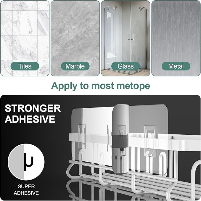 Getsrichfc 2025 New Adhesive Shower Caddy, Shower Shelves with 16 Hooks, White 2 Pack