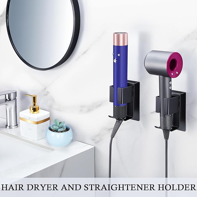 LOXSUN Hair Straightener Holder Wall Mount Curling Iron Holder, Blow Dryer Holder Wall Mounted, Adhesive Hair Dryer Holder, Hair Tools Organizer Storage for Bathroom Vanity (1, Black)