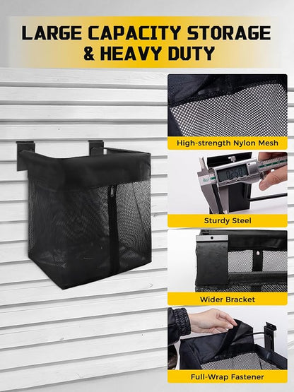AZUNO 14 PCS Slatwall Accessories Kit - 2 Pack Large Mesh Slatwall Baskets with Front Zipper & 12 Pack Heavy Duty Slat Wall Hooks, Garage Storage & Organizer for Sports Gear, Toys, Tools