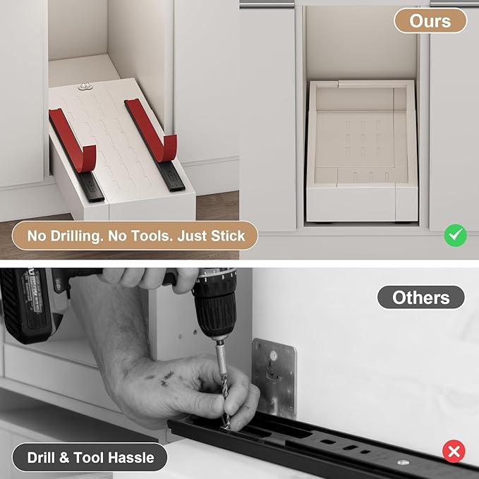 Pull out Cabinet Organizer,Expandable Width(7"-11"),Depth(17"-24") with 5 Rails,Roll out Drawers,No Drill Adjustable Slide out Shelves for Kitchen,Pantry,for Both Lip and Lip-Free Cabinets,White(1PC)