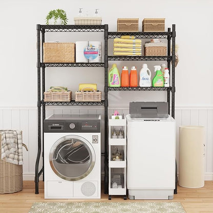 U15 Over Washer and Dryer Storage Shelves, Laundry Above Washer Dryer Storage Rack Space Saver, 6-Tier Wire Shelf with 4 Hooks for Organization, 63.4"W x 17.3"D x 76.4"H, Holds 568lbs, Black