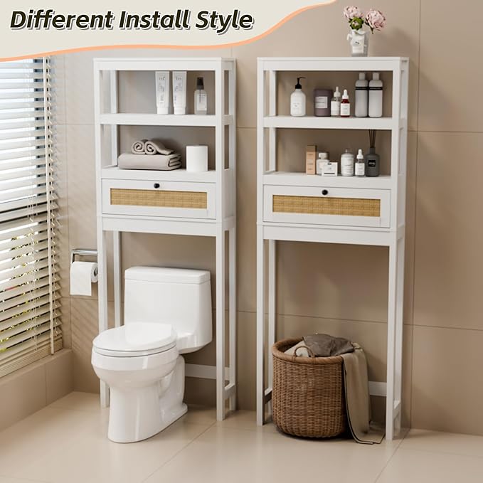 GORZING Over The Toilet Storage Cabinet, 3-Tier Bathroom Organizer with Rattan Door, Wooden Space Saver for Restroom, Bathroom, Laundry
