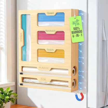 Magnetic Storage Bag Organizer 6 In 1 Ziplock Bag Organizer for Fridge and Drawer, Foil and Plastic Wrap Organizers with Cutter, Food Storage Bags Organizers for Gallon Quart Sandwich Snack