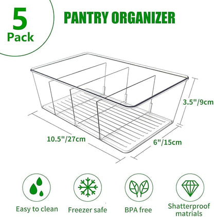 5 Pack Pantry Organizers and Storage,Clear Plastic Bins for Kitchen,Fridge,Drawer Organization and Storage,4 compartment Snack Containers for Spice Packets,Tea bag