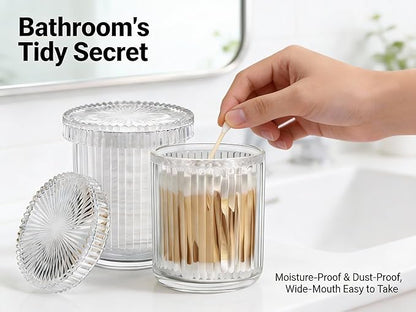 ESEHGS 2 Pack Glass Qtip Holder Dispenser Set - Bathroom Organizer for Cotton Swabs, Balls, Pads, Floss Picks - Clear Apothecary Jars for Vanity, Makeup Storage, Bathroom Accessories Decor (Clear)