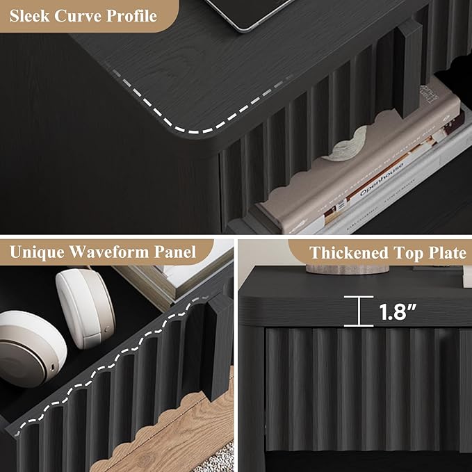 Harpaq Fluted Nightstand with Charging Station, 23.6" End Table with Solid Wood Handle, Curved Profile Design, Mid Century Moden Bedside Table for Bedroom, Black
