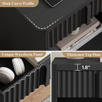 Harpaq Fluted Nightstand Set of 2 with Charging Station, 23.6" Wood End Table with Solid Wood Handle, Curved Profile Design, Mid Century Moden Bedside Table for Bedroom, Black