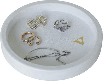 COLLECTIVE HOME - Velvet Jewelry Tray, 6" Monogrammed Jewelry Dish, Smooth Velour Display Dish for Rings, Earrings, Necklaces, Makeup, Personalized Gifts for Women (White-v)