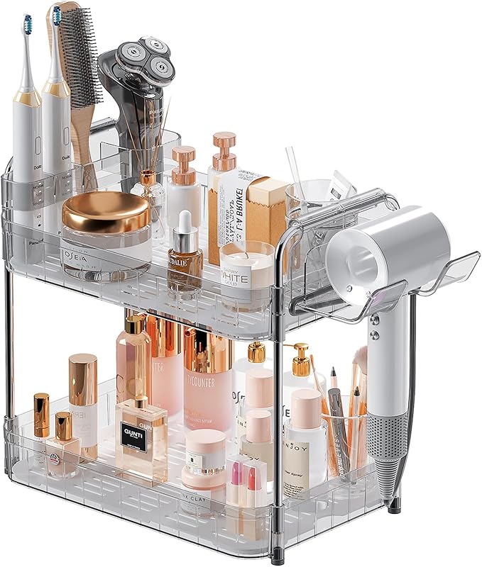 AmzAge Bathroom Countertop Organizer,Makeup Counter Organizer With Hair Dryer Holder,Compatible with Dyson Blow Dryer,Electric Toothbrush And Toothpaste Holder,2-Tier Detachable Design,Transparent