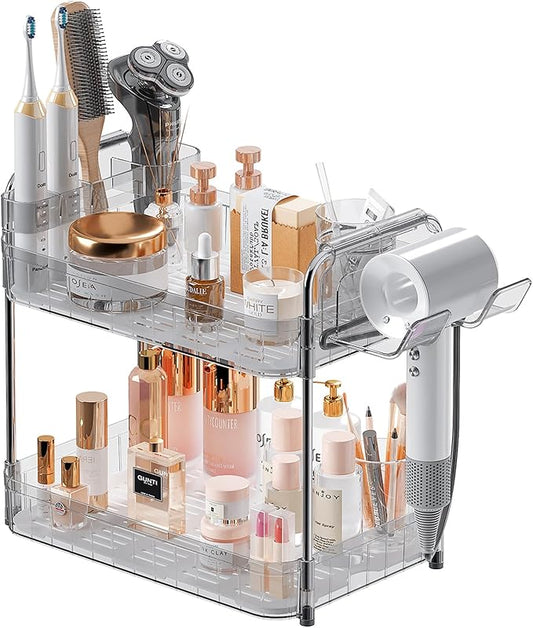 AmzAge Bathroom Countertop Organizer,Makeup Counter Organizer With Hair Dryer Holder,Compatible with Dyson Blow Dryer,Electric Toothbrush And Toothpaste Holder,2-Tier Detachable Design,Transparent