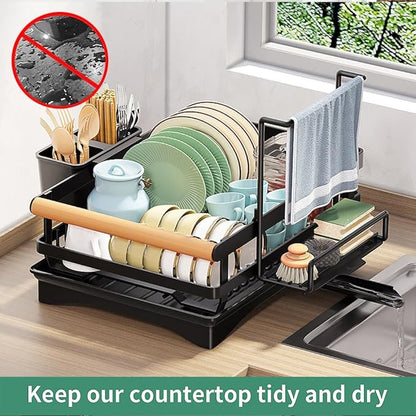 Dish Drying Rack for Kitchen Counter - Dish Drying Rack with Tray, Drying Rack for Kitchen Sink with Utensil Holder Swivel Spout, Black