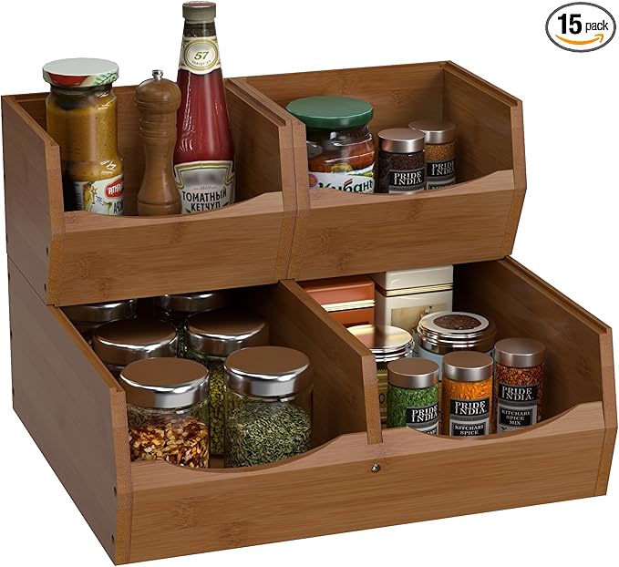 3 Set Bamboo Pantry Organizers and Storage, Open Front Vegetable Fruit Seasonings Stackable Storage Bins, Compact Stacking Storage Bins for Pantry, Bedroom, Office, Kitchen Counter Organizer (Walnut)