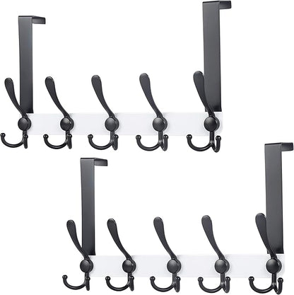 Dseap Over The Door Hook Hanger - Fits 1 3/8" to 1 3/4" Standard Doors | 5 Tri Hooks Heavy Duty Towel/Coat Rack | Door Organizer for Clothes, Jackets, Hats, Towels, White & Black, Pack of 2