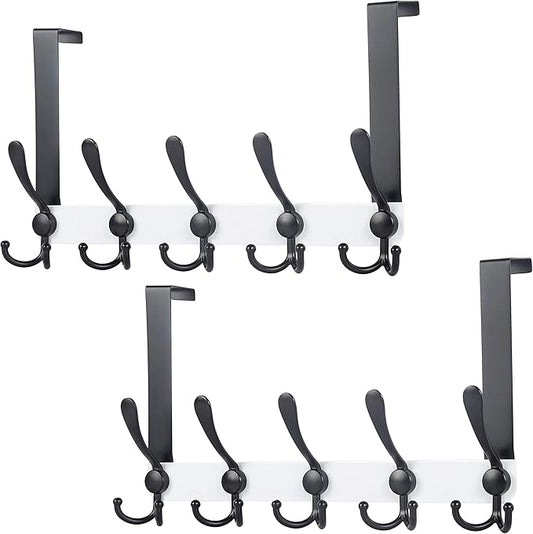 Dseap Over The Door Hook Hanger - Fits 1 3/8" to 1 3/4" Standard Doors | 5 Tri Hooks Heavy Duty Towel/Coat Rack | Door Organizer for Clothes, Jackets, Hats, Towels, White & Black, Pack of 2