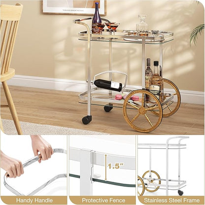 Tangkula Bar Cart for The Home, 2-Tier Rolling Tempered Glass Serving Cart, 2 Large Gold Aluminum Wheels & 2 Casters, Handle, Stainless Steel Frame, Modern Wine Cart for Kitchen Dining Room