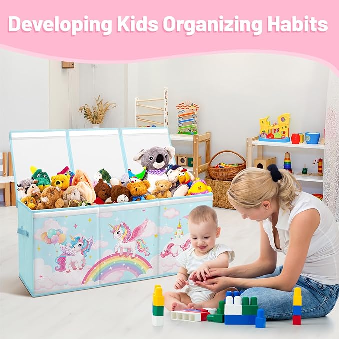 Toy Storage Bin with Lids,Extra Large Toy Box Chest with Handles for Kids Boys Girls,Collapsible Storage Organizer Box Bin Basket for Bedroom,Playroom, Nursery,37.8"x12.6" x15.7",Rainbow Unicorn