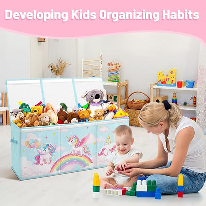 Toy Storage Bin with Lids,Extra Large Toy Box Chest with Handles for Kids Boys Girls,Collapsible Storage Organizer Box Bin Basket for Bedroom,Playroom, Nursery,37.8"x12.6" x15.7",Rainbow Unicorn