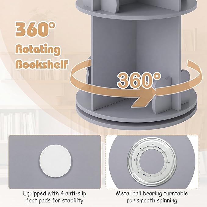Costzon Kids Rotating Bookshelf, 2 Tier Small Book Shelf with Bookends, 360° Display Spinning Bookshelf Tower, Corner Bookshelf for Small Space, Kids Room, Bedroom, Nursery (Grey)