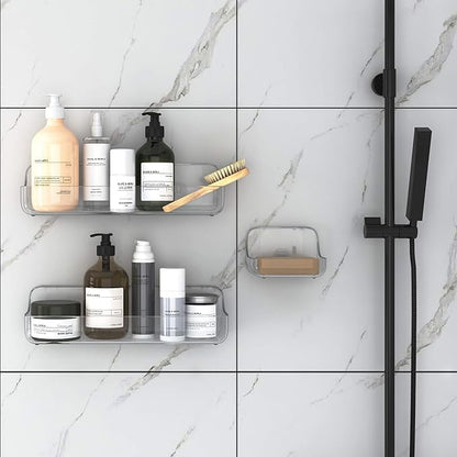 TZAMLI Clear Shower Caddy with Soap Dish, Adhesive Shower Organizer Shelf Plastic Wall Mounted No Drilling Shelves for Bathroom Kitchen Storage, 3 Pack