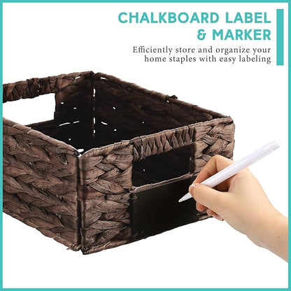 Nitial 8 Pcs 12 x 9 x 5 Inch Wicker Storage Basket, Rectangular Water Hyacinth Storage Baskets for Shelving, Foldable Woven Pantry Organizer with Chalkboard Label and Chalk Marker (Dark Brown)