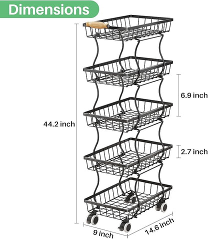 Fruit Basket Kitchen Pantry Organizers and Storage - 5 Tier Stackable Metal Wire Basket Stand for Fruit Vegetable Snacks Jars Bins Containers Organization, Black