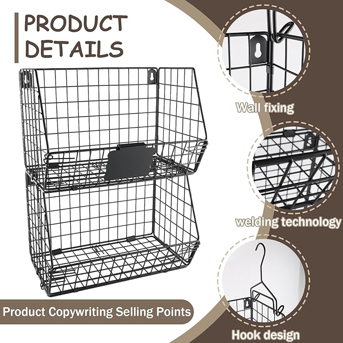 2 Pack Laundry Room Organization and Storage Basket,Wire Stackable Hanging Shelves with 2 Hook,Foldable Laundry Room Accessories Organizer,Hanging Closet Organizer for Towels,Detergent,Tissues