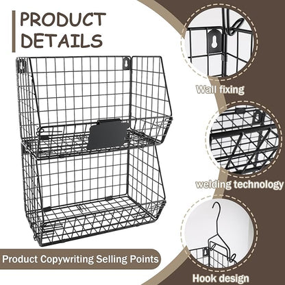 2 Pack Laundry Room Organization and Storage Basket,Wire Stackable Hanging Shelves with 2 Hook,Foldable Laundry Room Accessories Organizer,Hanging Closet Organizer for Towels,Detergent,Tissues