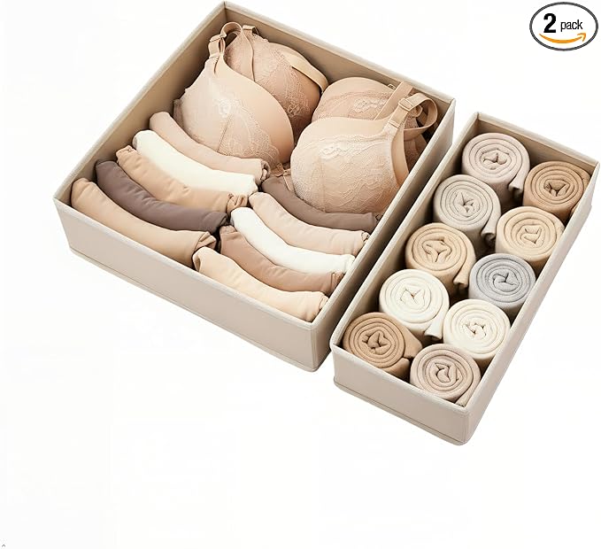 Drawer Organizer 2 Pack - Foldable Storage Bins for Underwear, Socks & Bras - Khaki Fabric Closet Dividers