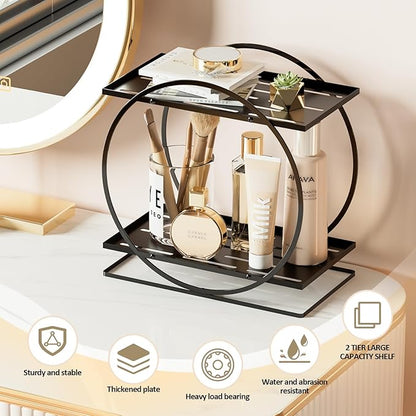 World-in-one 2 Tier Perfume Organizer for Dresser, Black Gold Perfume Makeup Perfume Stand Organizer for Vanity, Cosmetics Ideal Gift for Perfume Lovers-Black