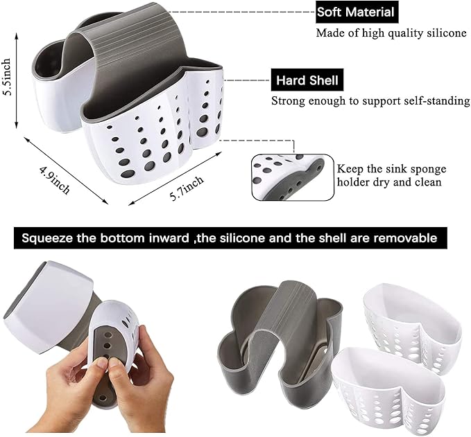 Sink Caddy Sponge Holder for Faucet - Flexible Silicone Plastic Saddle Organizer with Drain Holes, Double White