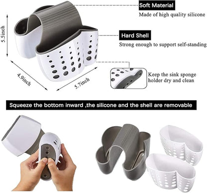 Sink Caddy Sponge Holder for Faucet - Flexible Silicone Plastic Saddle Organizer with Drain Holes, Double White