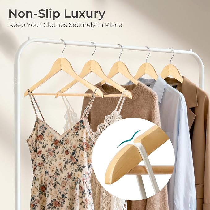 HOUSE DAY Premium Wooden Coat Hangers 100 Pack, Heavy Duty Solid Wood Clothes Hangers with 360° Swivel Hook & Pant Bar for Jackets, Dress, Shirts, Natural Wood Suit Hanger for Closet Organizer