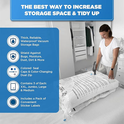 12-Pack Variety - Vacuum Storage Bags for Clothes, Packing & Storage - Strong Vacuum Space Bags for Comforter, Quilt & Mattress Topper Compression - Premium Sealing Solutions in XXL, Jumbo, L, M Sizes