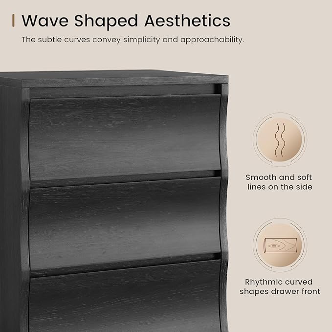 SUCSSRICH Black Nightstand, Night Stand with 3 Drawers, Modern Nightstand with Large Storage, Silent Slides, Wooden End Side Table, Bedside Table with 3 Drawers for Bedroom