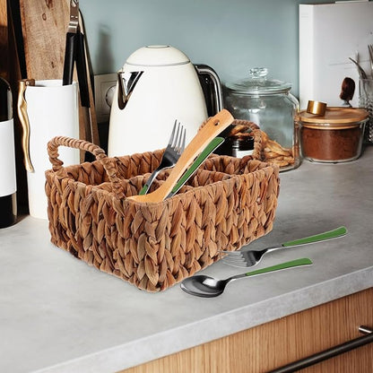 Hyacinth Woven Storage Basket for Cutlery Organization Rustic Tableware Holder for Home Kitchen and Picnics Versatile Sundries Basket with Compartments
