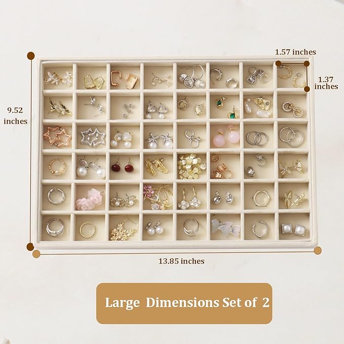 KATISYIO Large Velvet Jewelry Tray 2 Pack Stackable Jewelry Display Drawer Inserts Trays Organizer for Earring Bracelet Necklace Ring (Beige, 48 Grids)