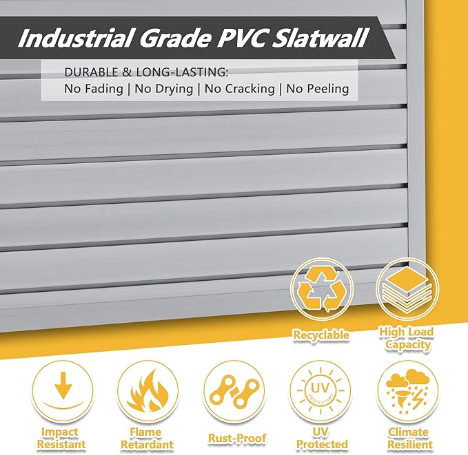 Heavy Duty PVC Slatwall Garage Organizer System, 8ft x 4ft Wall Mounted Panel Kit with 10 Hooks, 75lb/sq ft Capacity, Charcoal Grey Tool Storage Rack for Workshop & Retail Display