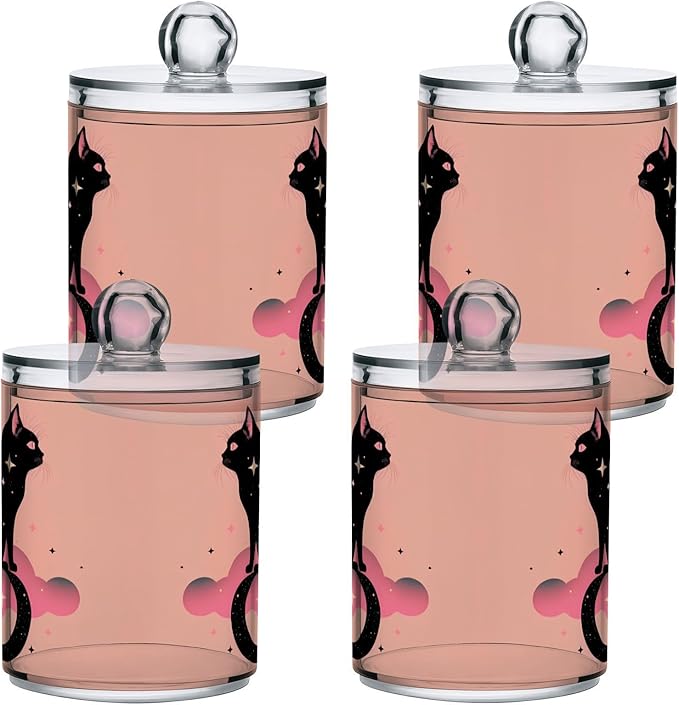 MNSRUU 2 Pack Qtip Holder Organizer Dispenser Black Cat Pink Bathroom Storage Canister Cotton Ball Holder Bathroom Containers for Cotton Swabs/Pads/Floss
