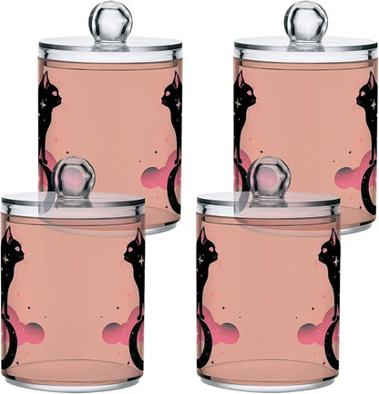 MNSRUU 2 Pack Qtip Holder Organizer Dispenser Black Cat Pink Bathroom Storage Canister Cotton Ball Holder Bathroom Containers for Cotton Swabs/Pads/Floss
